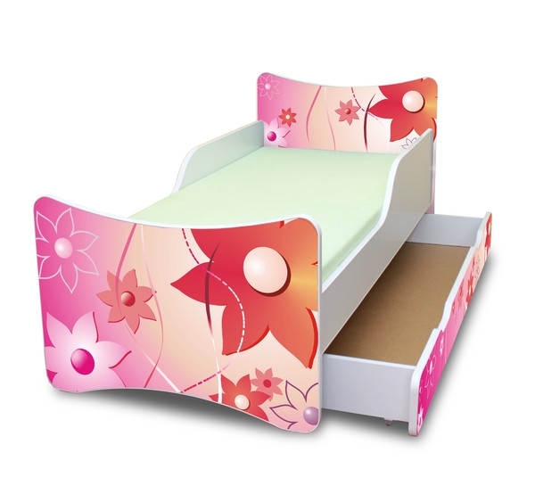 NELLYS Dětská postel se zábranou a šuplík/y Kytičky - 160x70 cm
