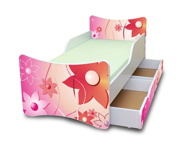 NELLYS Dětská postel se zábranou a šuplík/y Kytičky - 180x90 cm